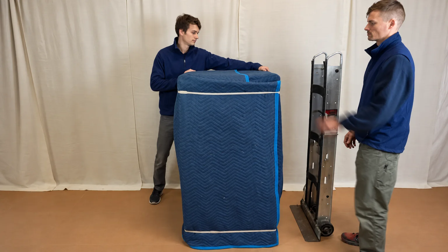 Two Sons Moving crew unloading wrapped furniture from a moving truck