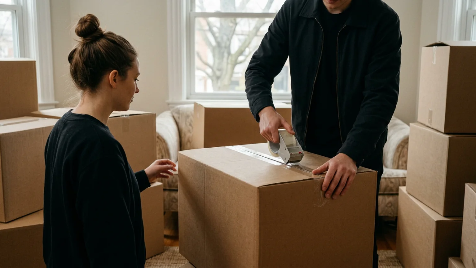 Moving crew carrying furniture inside a home