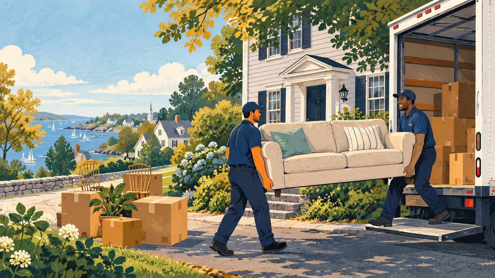 Illustration of movers carrying a sofa to a moving truck