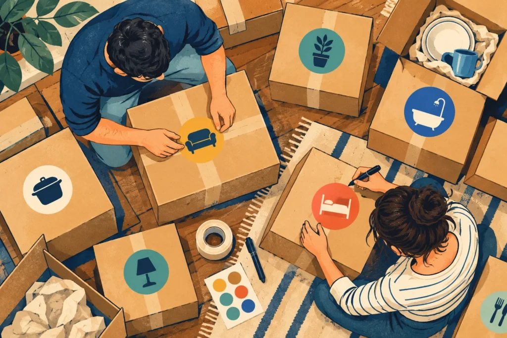 Illustration of a color-coded moving box labeling system