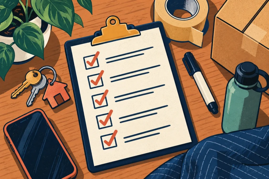Illustration of a moving checklist with keys, tape, and supplies