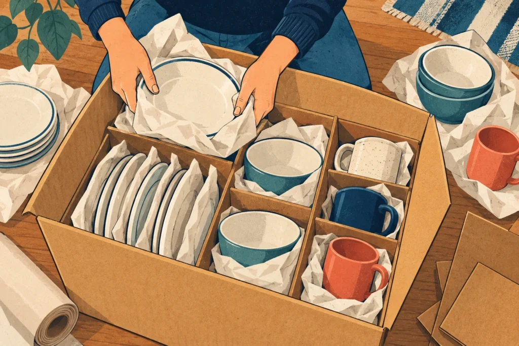 Illustration of dishes packed with dividers and wrapping paper