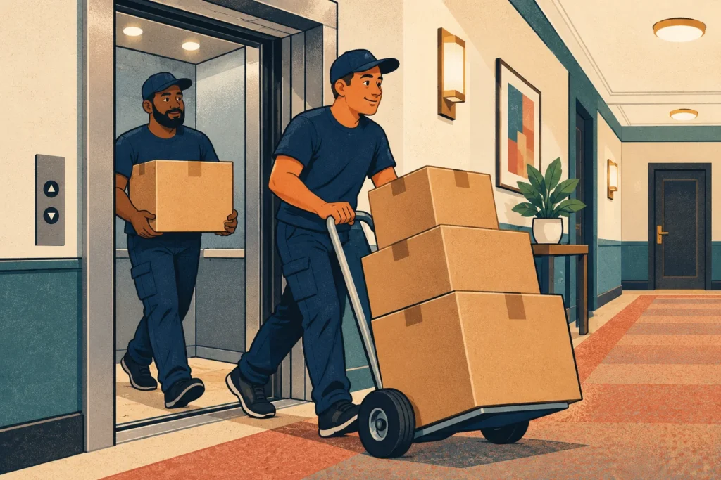 Illustration of movers rolling boxes out of an apartment elevator