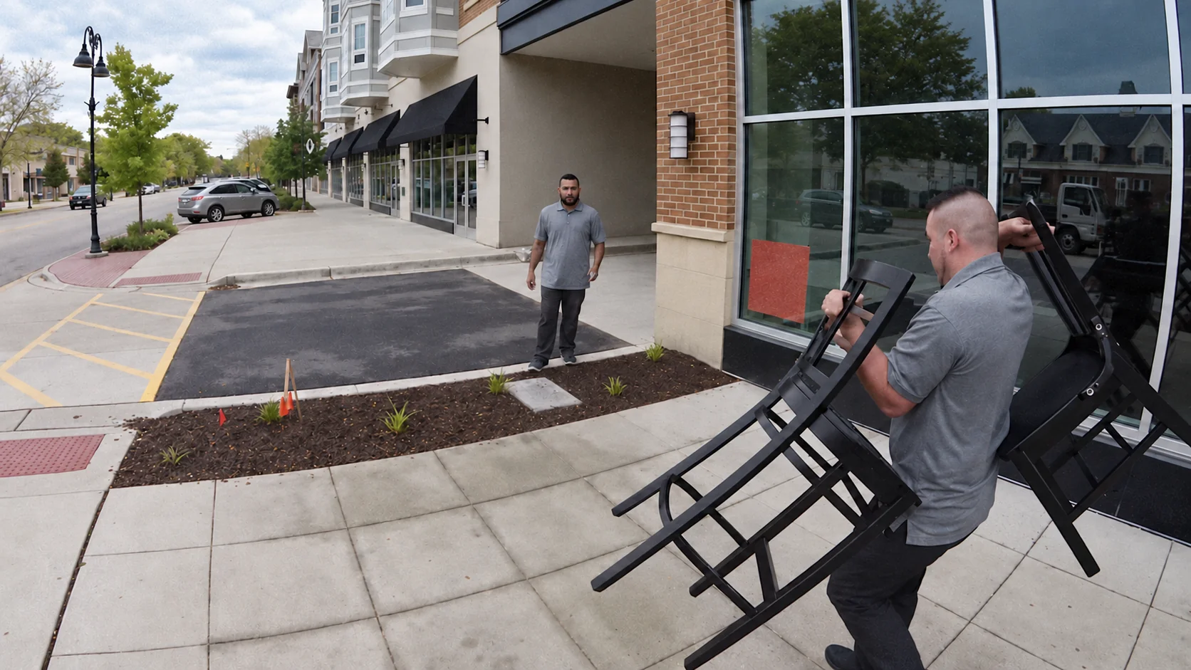 Movers carrying chairs outside a commercial building