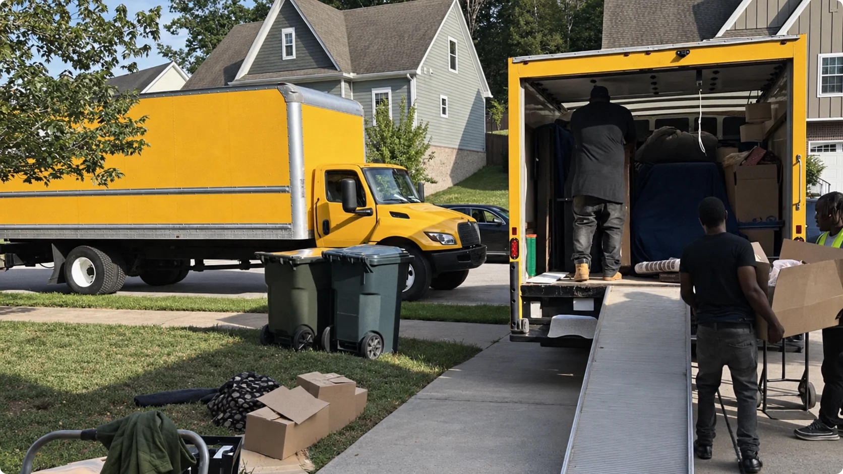 Movers loading boxes into a moving truck